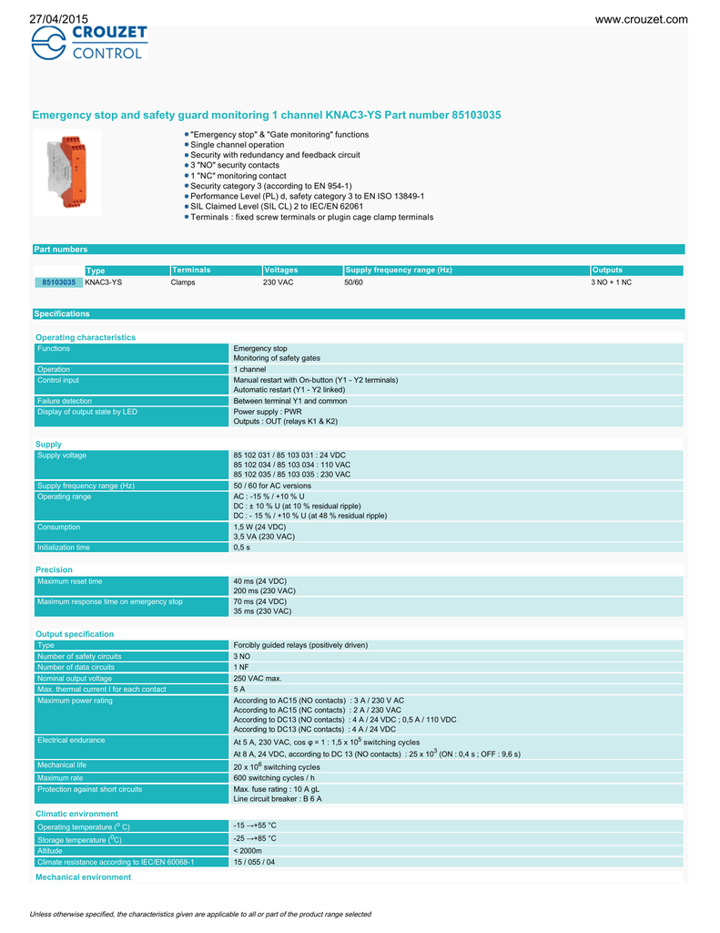 Emergency Stop And Safety Guard Monitoring 1 Channel Knac3 Ys Part Manualzz