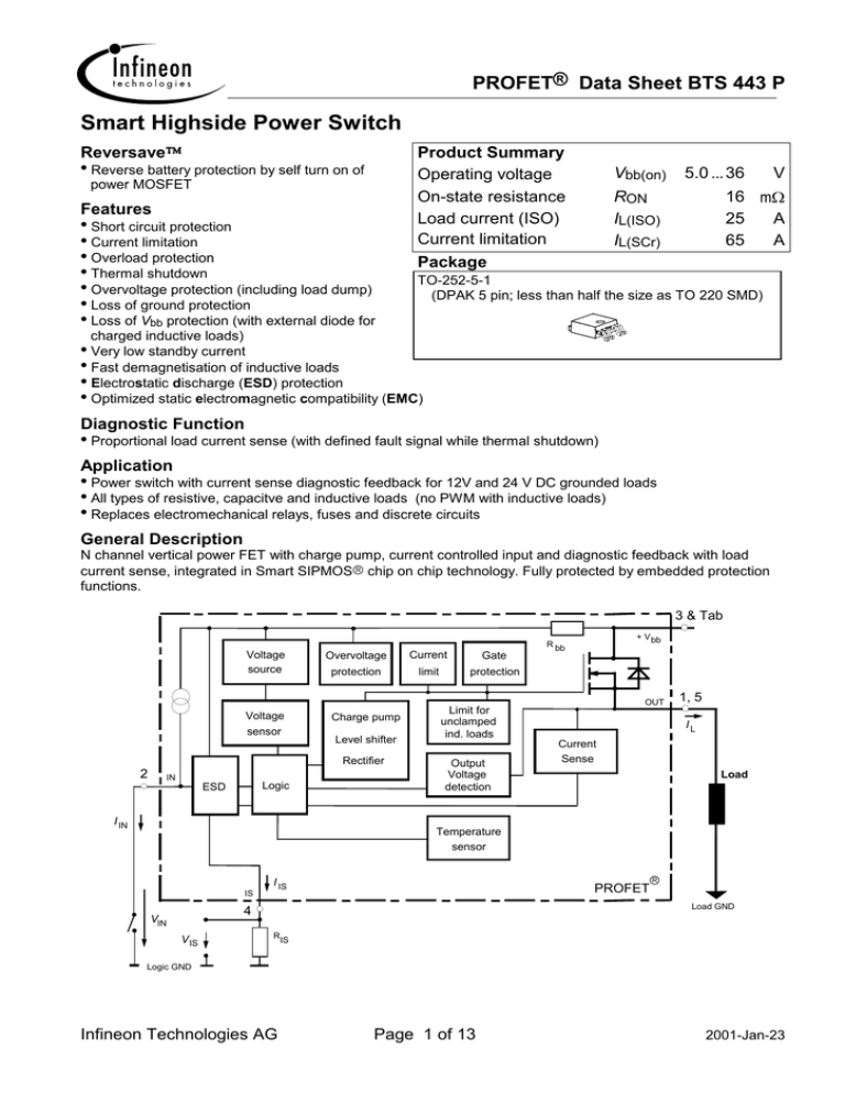 Smart Highside Power Switch Profet Data Sheet Bts 443 P O 5 0 Manualzz