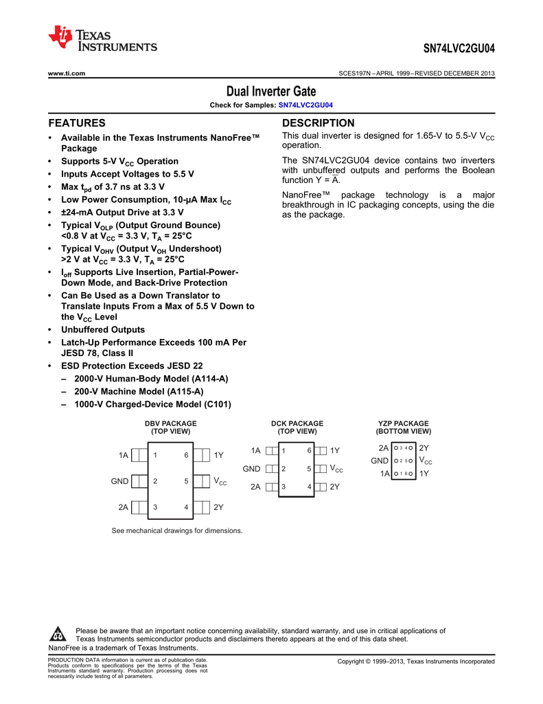 Dual Inverter Gate SN74LVC2GU04 FEATURES DESCRIPTION | Manualzz