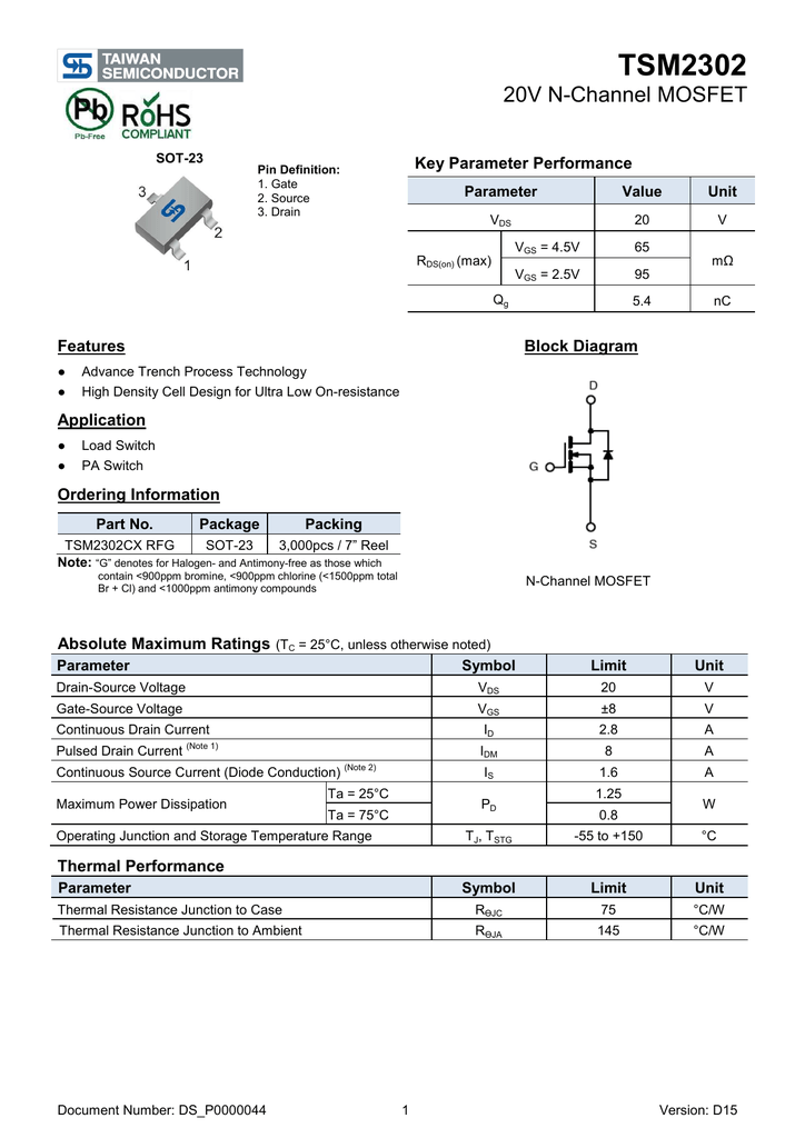 Pack of 100 MOSFET 20V P Channel Mosfet TSM2301ACX RFG