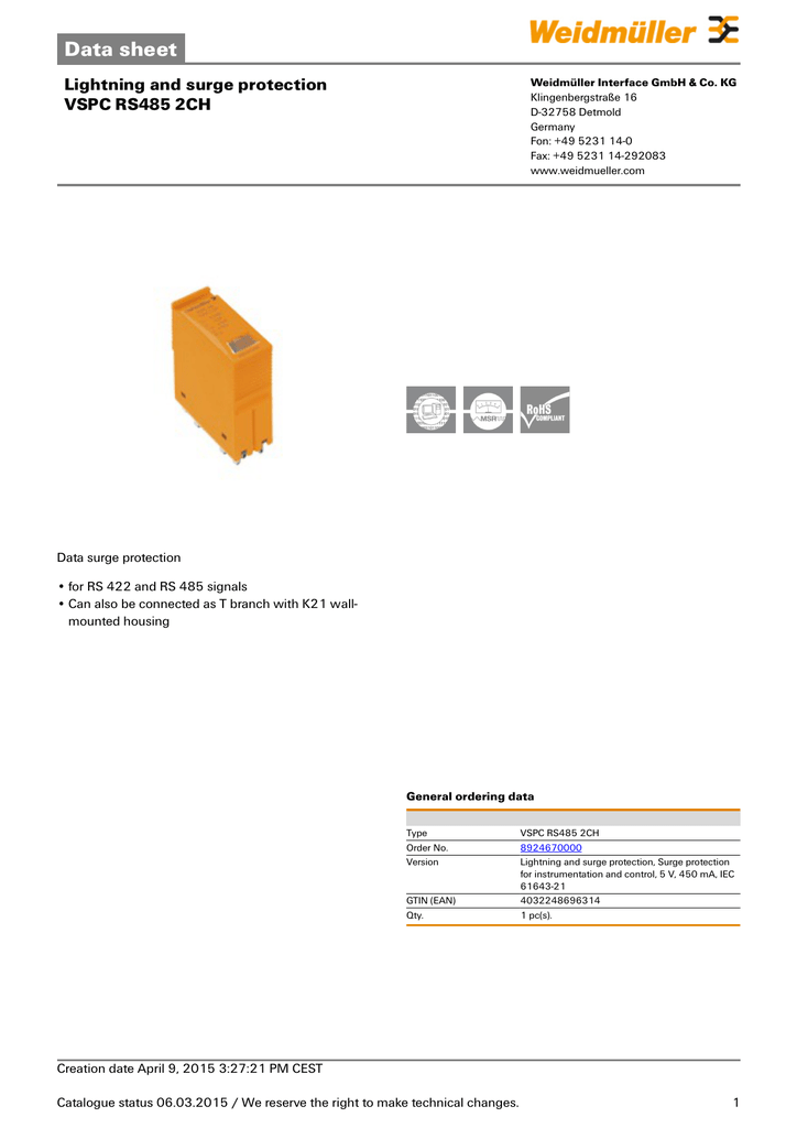 Data Sheet Lightning And Surge Protection Vspc Rs485 2ch Manualzz