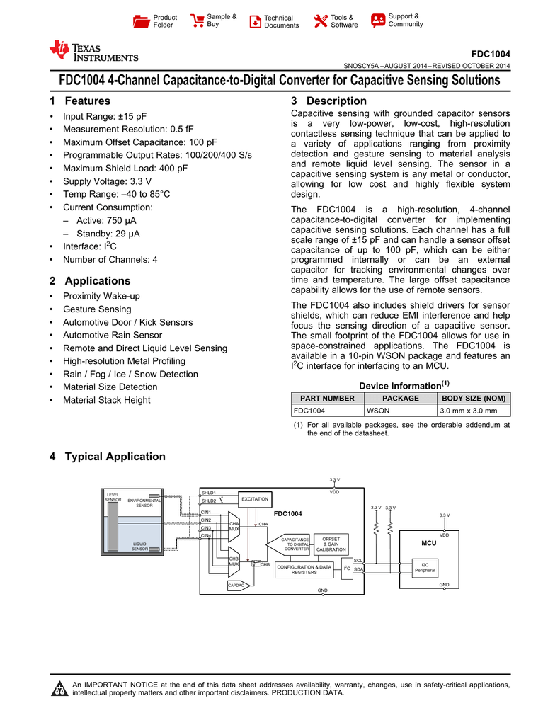 FDC1004 4Channel CapacitancetoDigital Converter for Capacitive