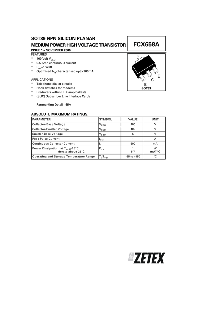 Fcx658a Sot Npn Silicon Planar Medium Power High Voltage Transistor C Manualzz