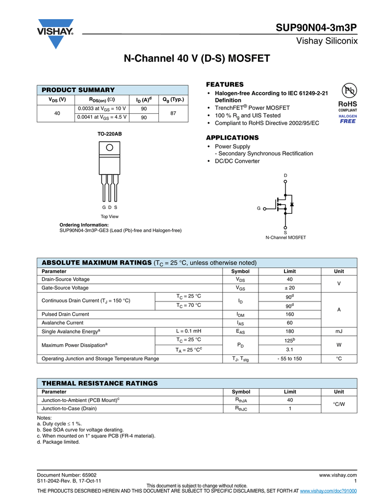 Sup90n04 3m3p N Channel 40 V D S Mosfet Vishay Siliconix Features Manualzz