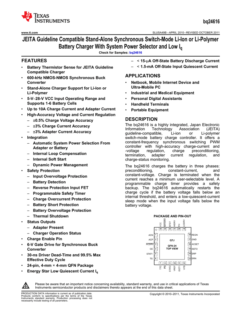 Jeita Guideline Compatible Stand Alone Synchronous Switch Mode Li Ion Or Li Polymer Manualzz