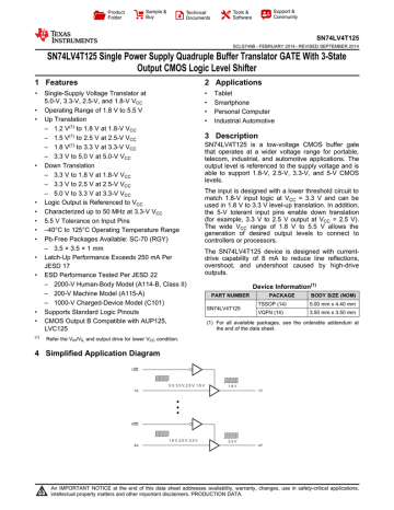 Texas Instruments SN74LV4T125 Single Power Supply Quadruple Buffer Translator GATE With 3-State Output CMOS Logic Level Shifter (Rev. B) Datasheet | Manualzz