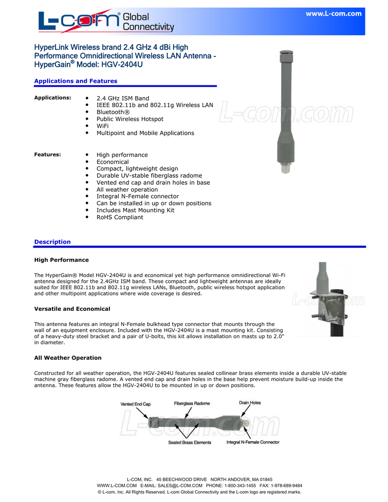 2.4 GHz 4dBi Omni Wireless Antenna HGV-2404U NF