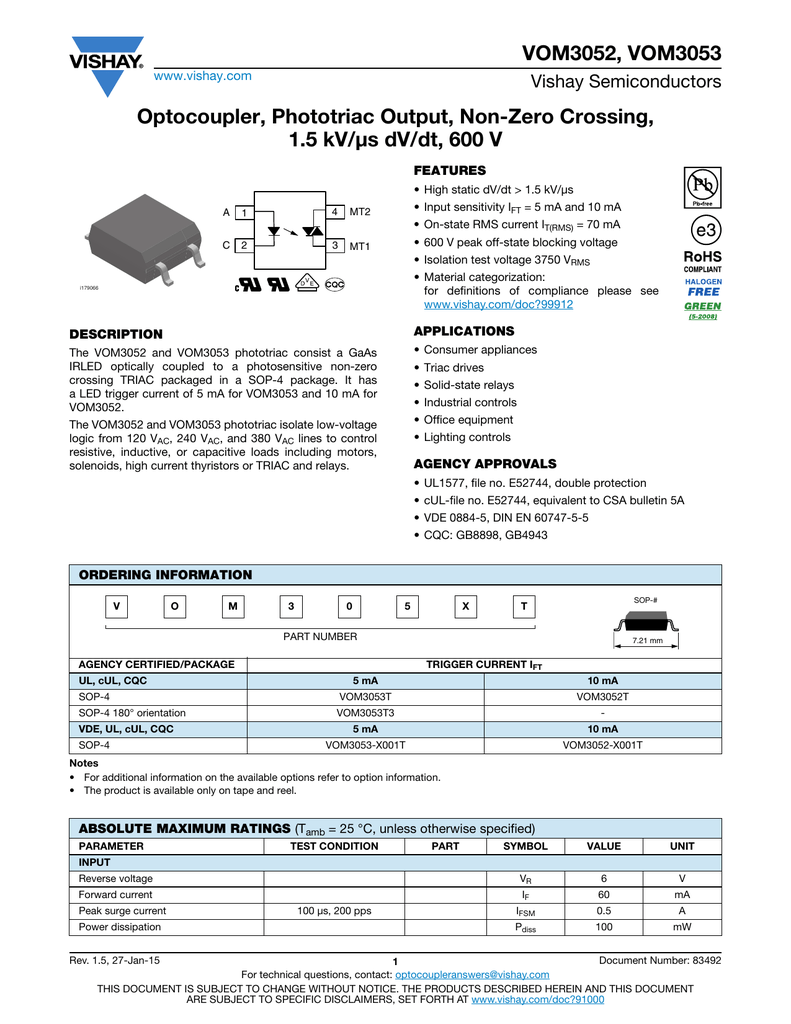 Vom3052 Vom3053 Optocoupler Phototriac Output Non Zero Crossing 1 5 Kv Ms Dv Dt 600 V Manualzz