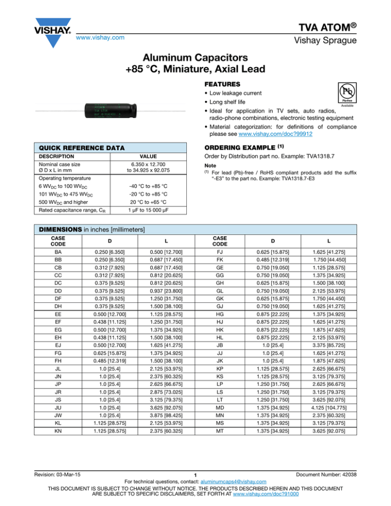 Tva Atom Aluminum Capacitors 85 C Miniature Axial Lead Vishay Sprague Manualzz
