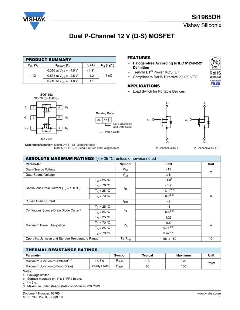 Si1965dh Dual P Channel 12 V D S Mosfet Vishay Siliconix Product Summary Manualzz