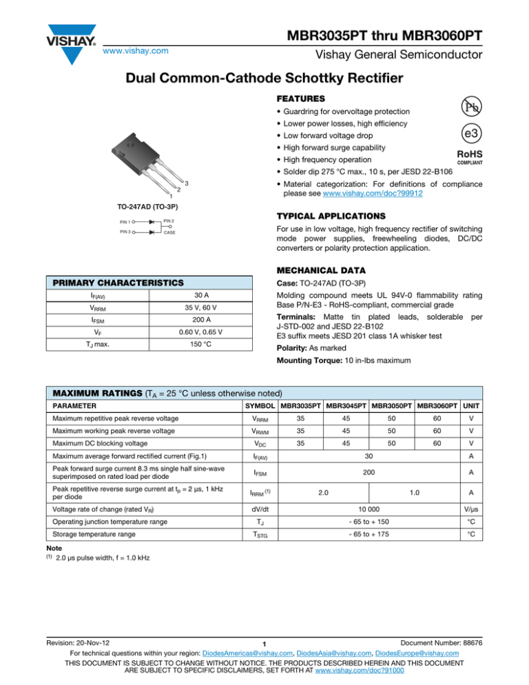 Mbr3035pt Thru Mbr3060pt Dual Common Cathode Schottky Rectifier Vishay General Semiconductor Www Vishay Com Manualzz