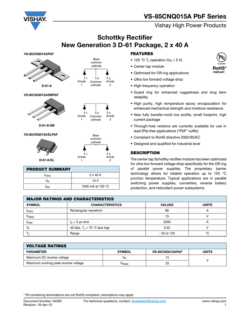 Vs 85cnq015a Pbf Series Schottky Rectifier Vishay High Power Products Manualzz