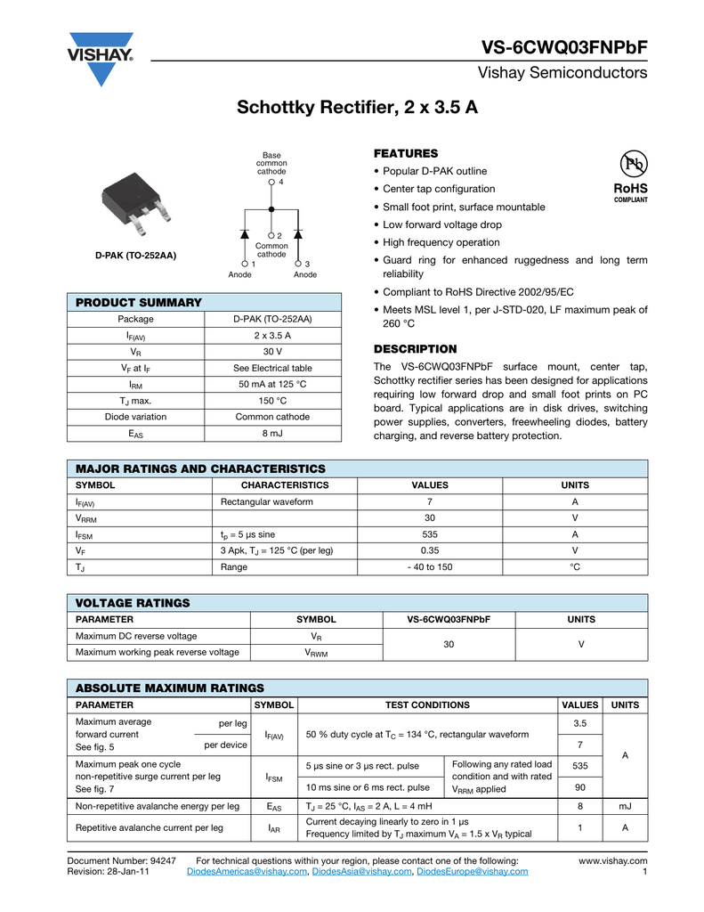 Vs 6cwq03fnpbf Schottky Rectifier 2 X 3 5 A Vishay Semiconductors Manualzz