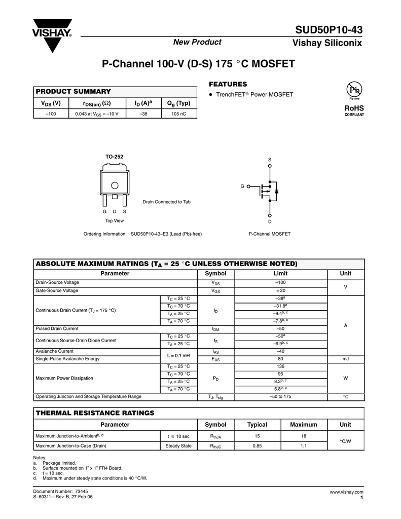 Sud50p10 43 P Channel 100 V D S 175 C Mosfet Vishay Siliconix Manualzz