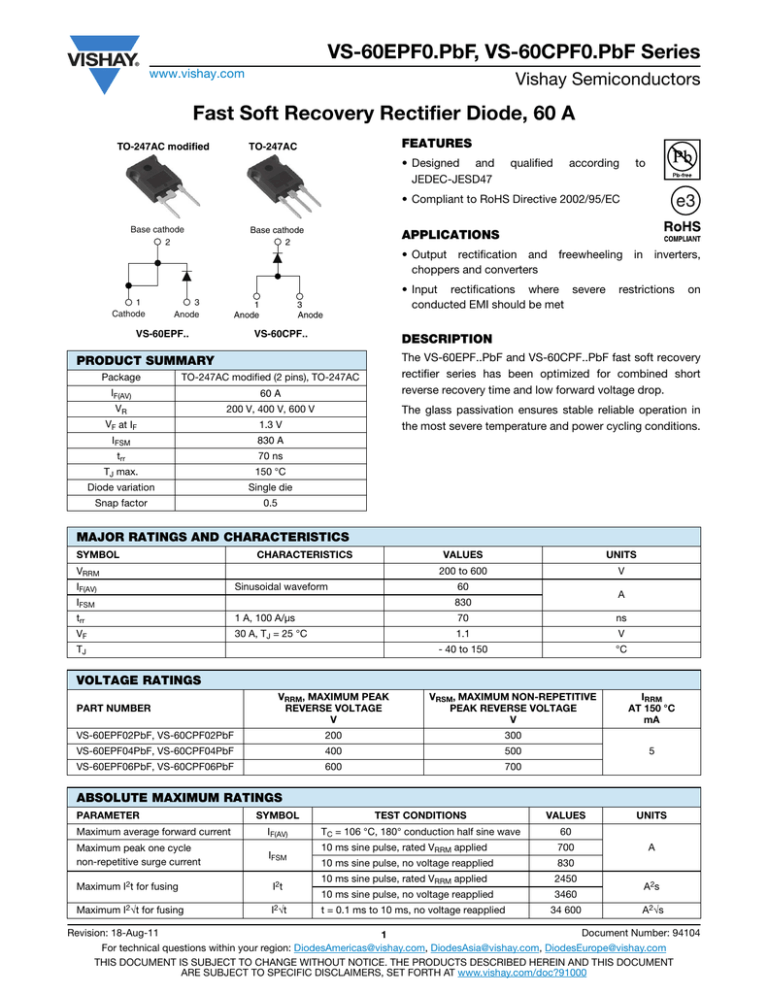 Vs 60epf0 Pbf Vs 60cpf0 Pbf Series Fast Soft Recovery Rectifier Diode 60 A Vishay Semiconductors Manualzz