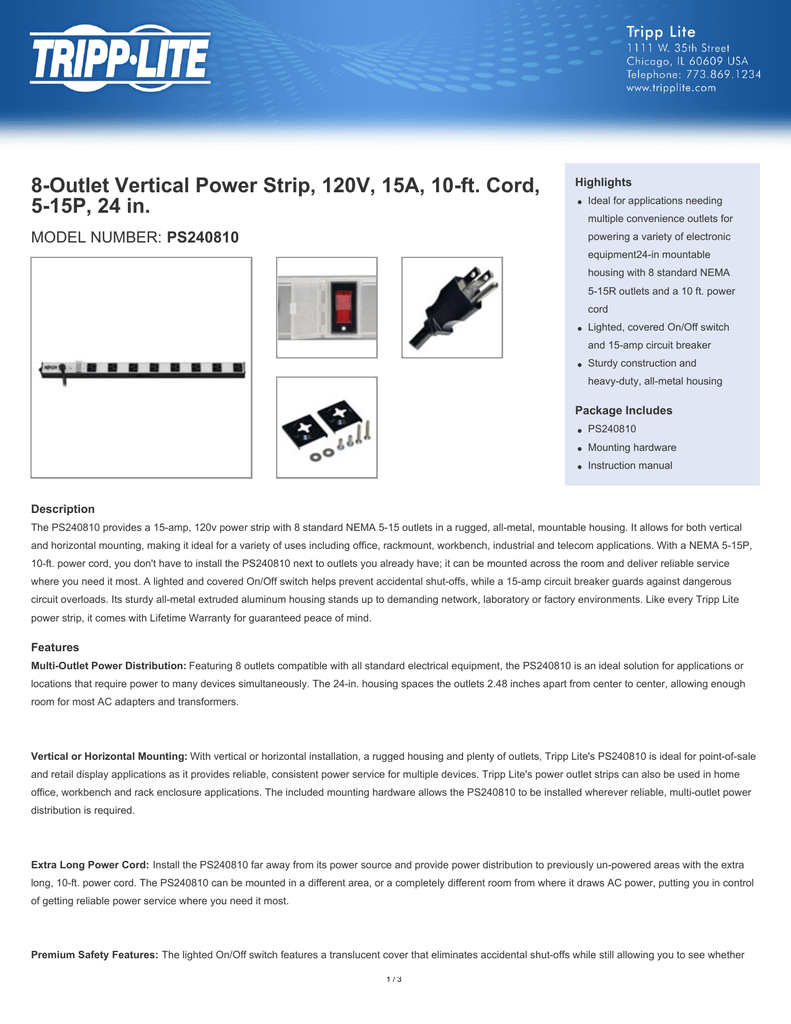 8 Outlet Vertical Strip 120v 15a 10 Ft Cord 5 15p