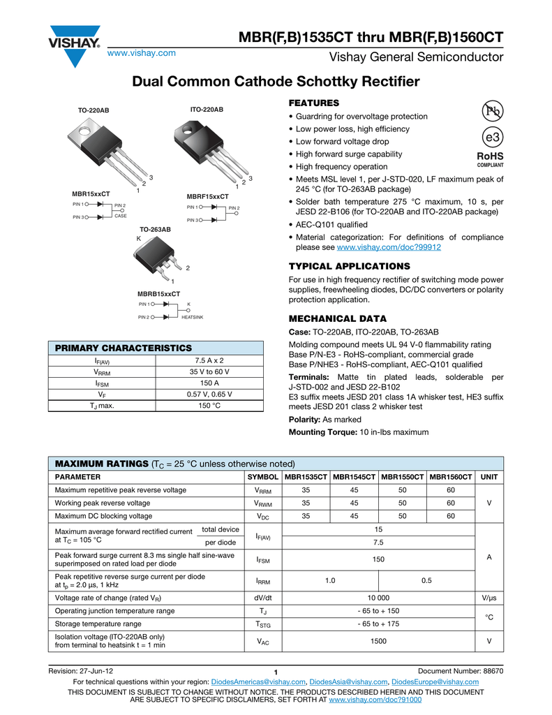 Mbr F B 1535ct Thru Mbr F B 1560ct Dual Common Cathode Schottky Rectifier Vishay General Semiconductor Www Vishay Com Manualzz