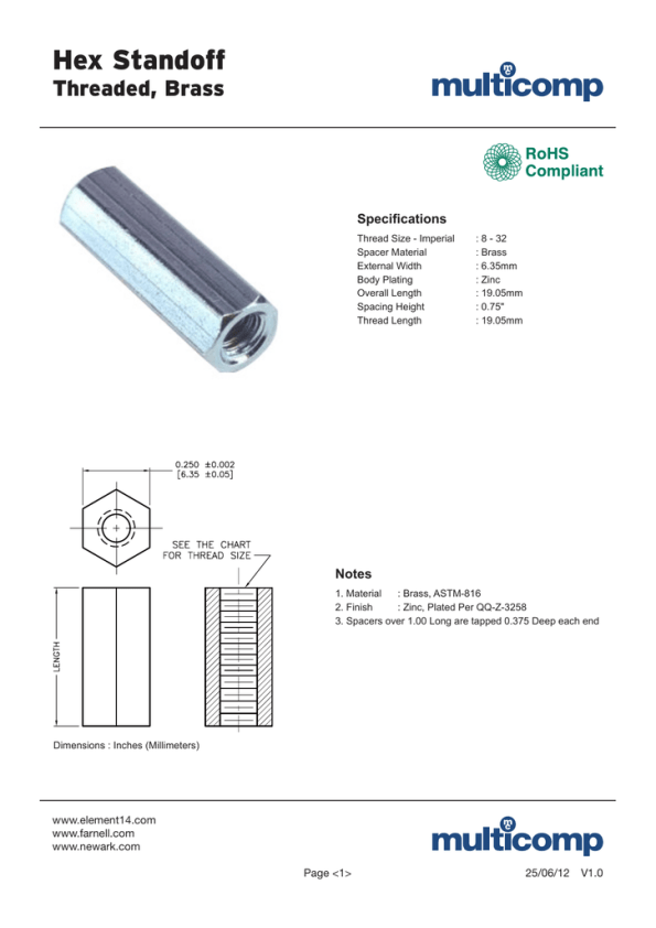 1/2" Length PKG of 20 NPB Keystone 1952 Standoff 6-32 1/4" Hex M-F 
