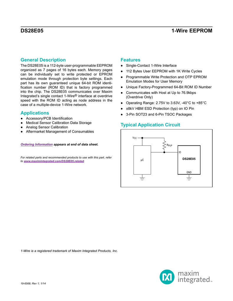 DS28E05 1Wire EEPROM General Description Features Manualzz