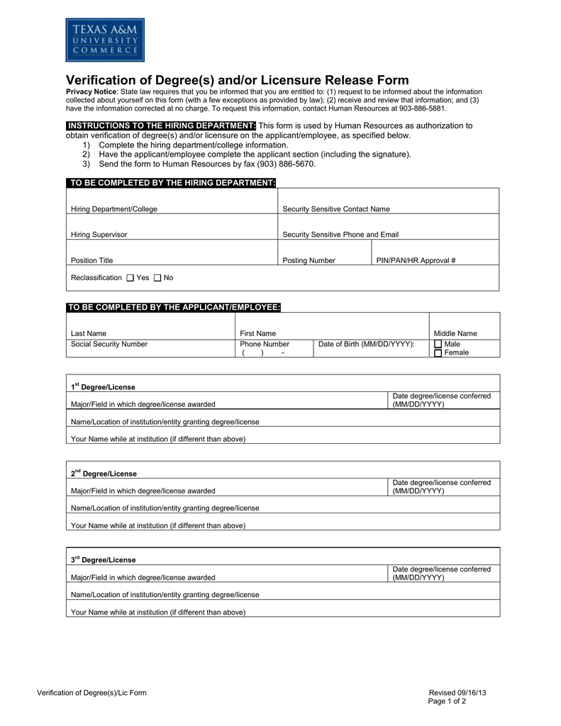 Verification Of Degree S And Or Licensure Release Form Manualzz