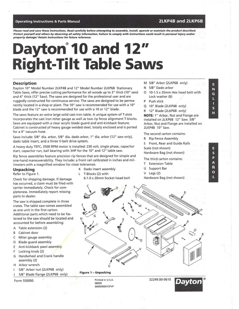 Dayton radial arm saw manual parts