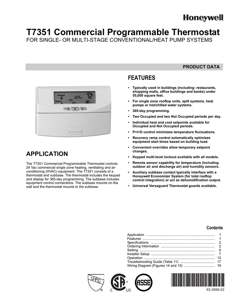 T7351 Commercial Programmable Thermostat FEATURES FOR SINGLE- OR  MULTI-STAGE CONVENTIONAL/HEAT PUMP SYSTEMS | manualzz.com