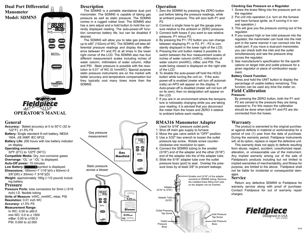HVAC Fieldpiece ADMN2 Dual Port Manometer Accessory Gas Static