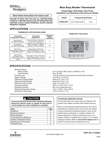 White Rodgers 1F95EZ-0671 Installation and Operating Instructions ...