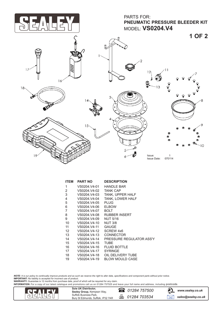 Sealey VS0204A Pneumatic Brake /& Clutch Pressure Bleeder Kit