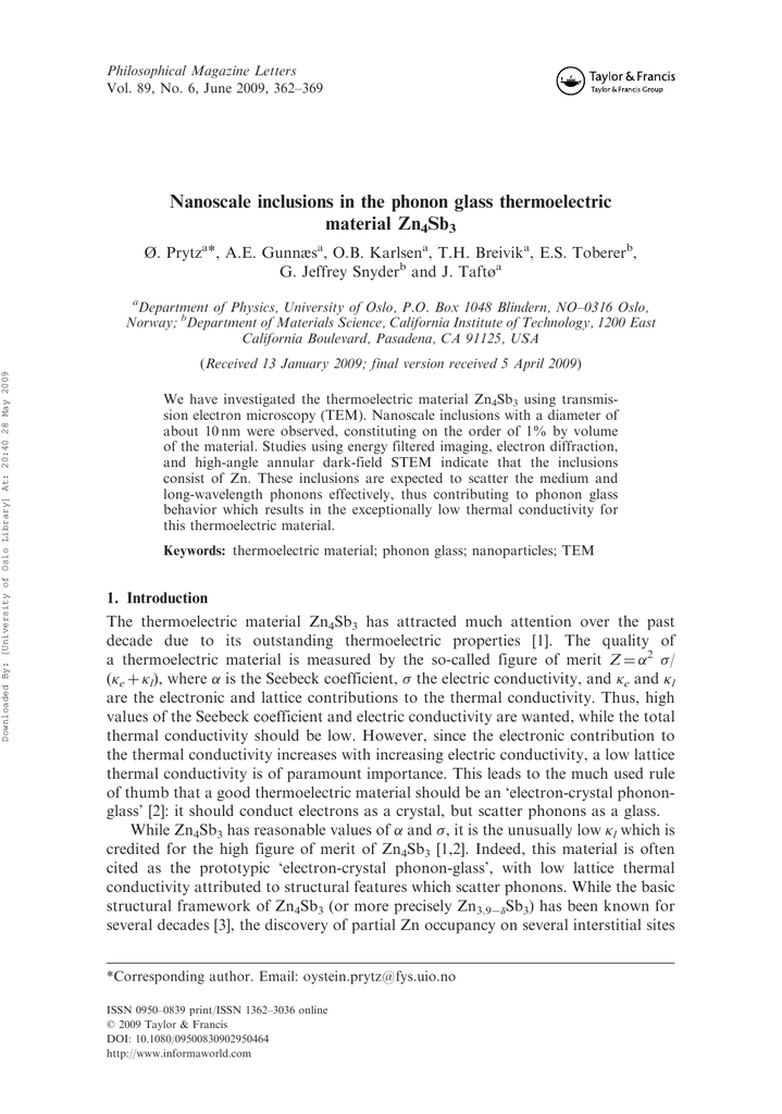 Nanoscale Inclusions In The Phonon Glass Thermoelectric Material Zn Sb A E Gunnaes Manualzz