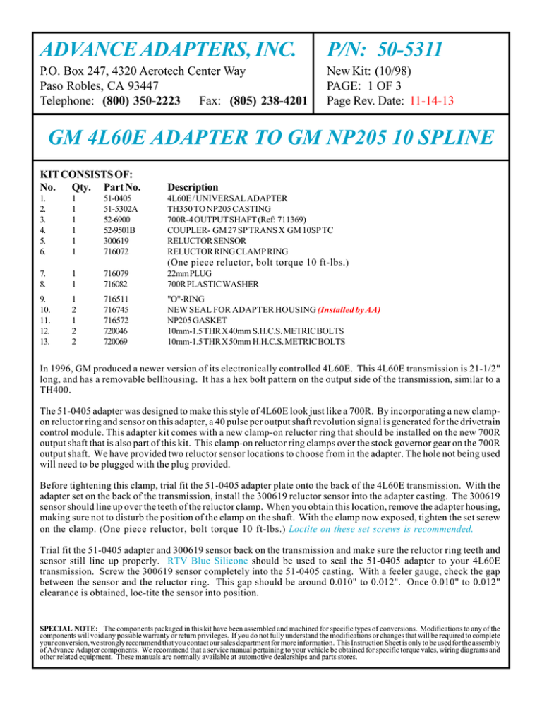 Advance Adapters Inc P N 50 5311 Manualzz