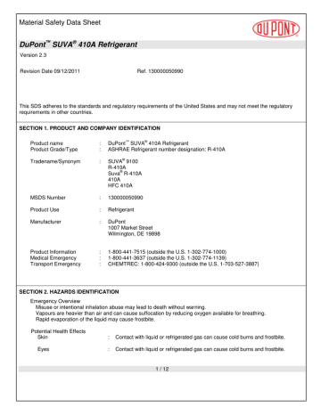 Dupont Suva 410a Refrigerant Material Safety Data Sheet Manualzz Dupont Suva 410a Refrigerant Material Safety Data Sheet Manualzz