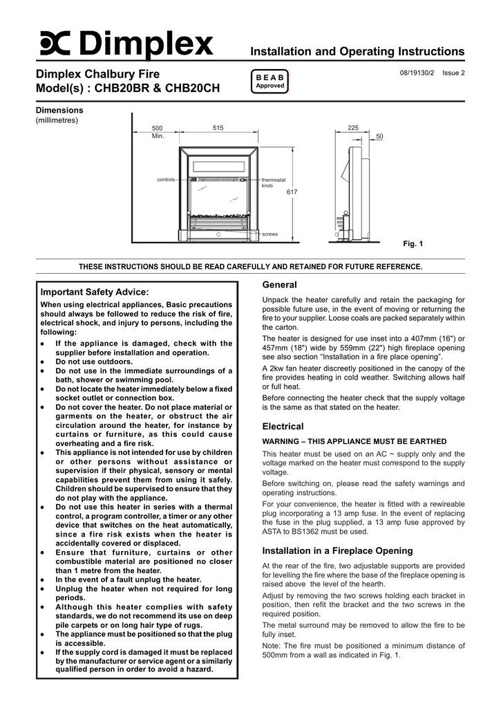 Dimplex Chalbury Fire CHB20BR Installation and Operating Instructions |  Manualzz