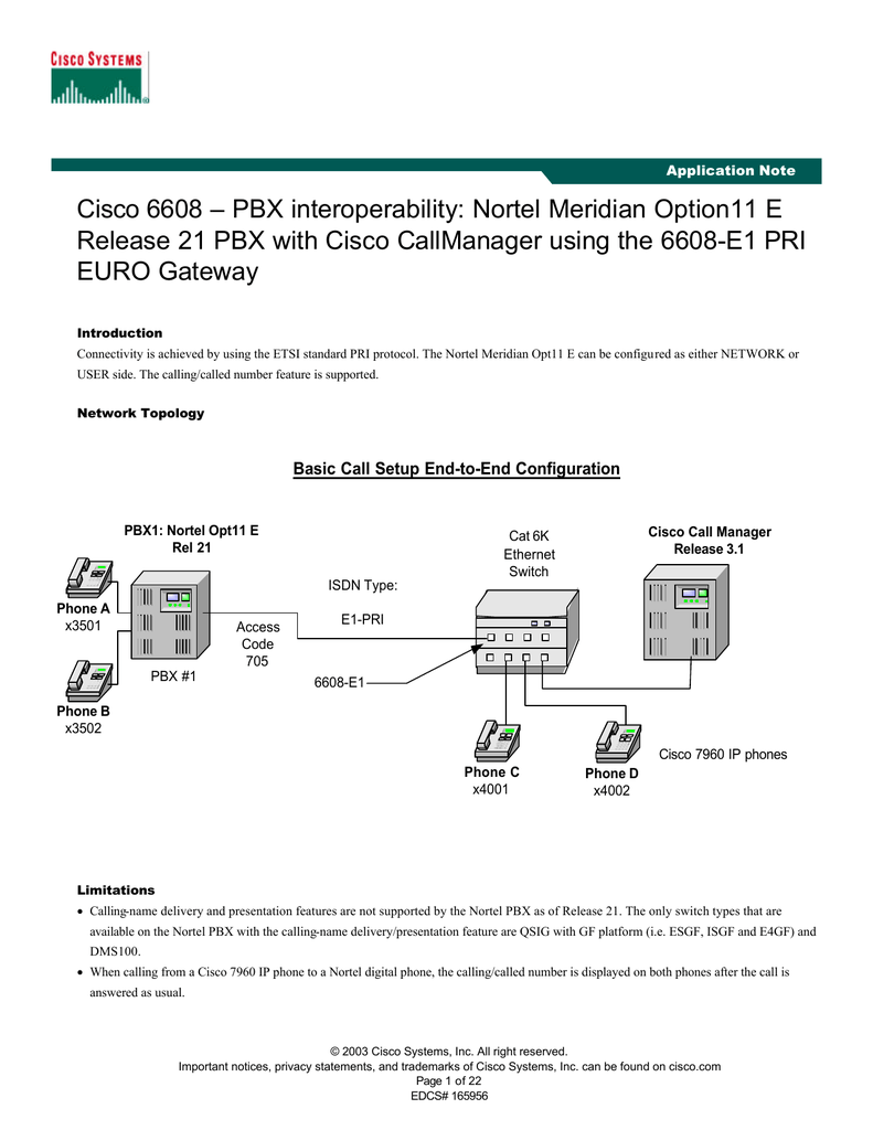 Cisco 6608 Pbx Interoperability Nortel Meridian Option11 E Release 21 Pbx With Cisco Callmanager Manualzz