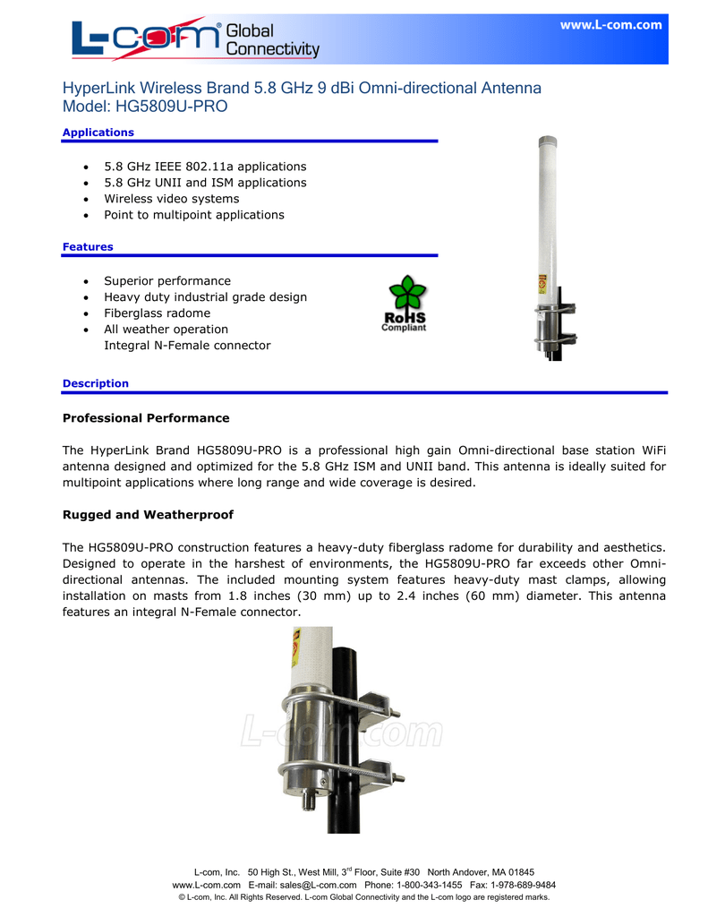 N-Female Connector L-com 4.9-5.8 GHz 9 dBi Omnidirectional Antenna