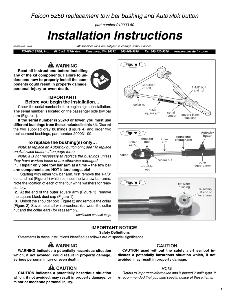 Installation Instructions Falcon 5250 Replacement Tow Bar Bushing And Autowlok Button Manualzz