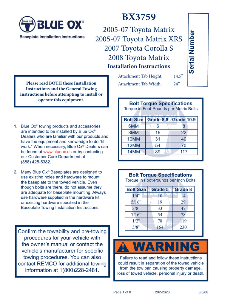 Blue Ox Bx8869 Wiring Kit Instructions