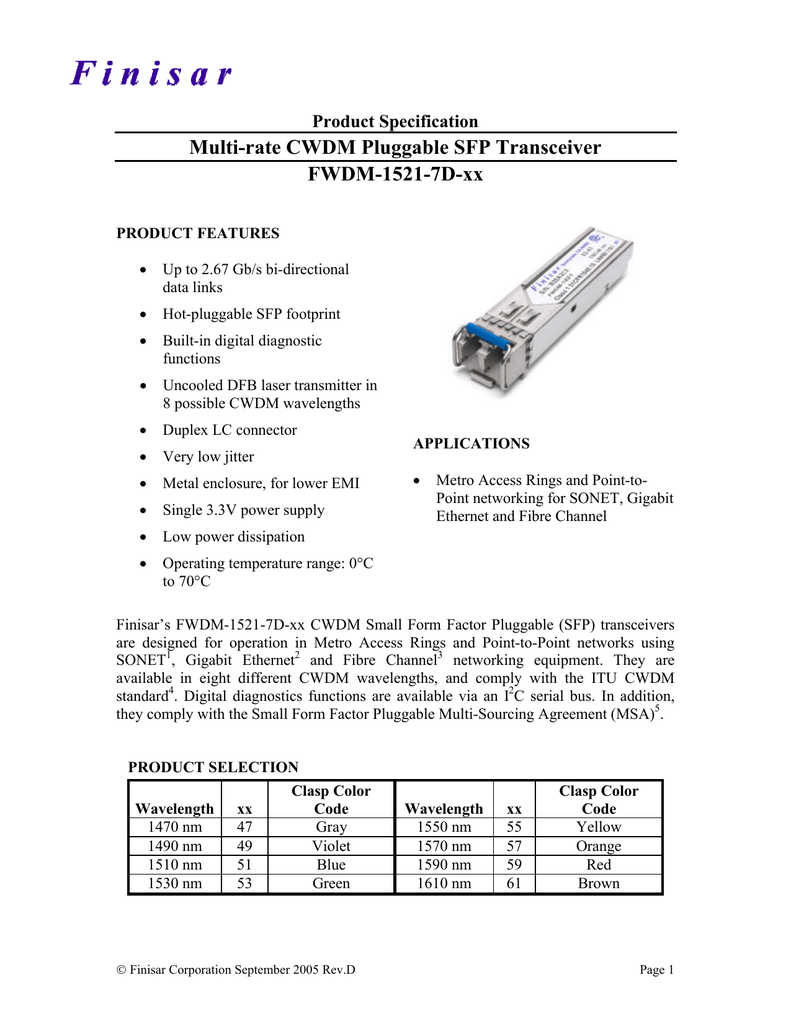 Multi Rate Cwdm Pluggable Sfp Transceiver Fwdm 1521 7d Xx Product Specification Manualzz
