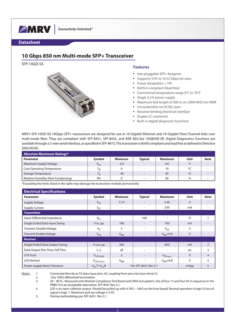 10 Gbps 850 nm Multimode SFP+ Transceiver Datasheet Features SFP10GD