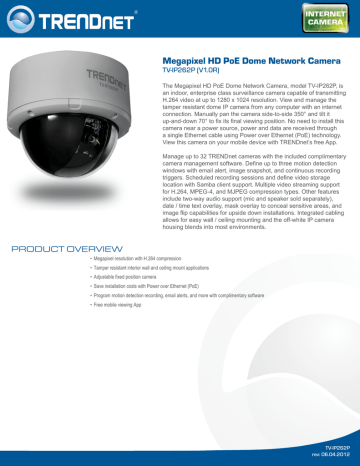 Trendnet TV-IP262P Megapixel HD PoE Dome Network Camera Datasheet | Manualzz