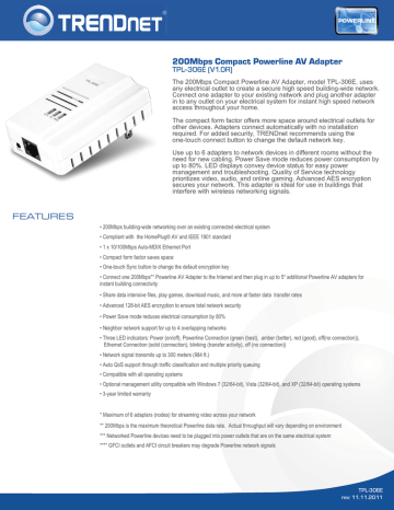 Trendnet RB-TPL-306E 200Mbps Compact Powerline AV Adapter Datasheet | Manualzz