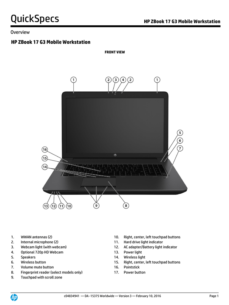 QuickSpecs HP ZBook 17 G3 Mobile Workstation Overview Manualzz