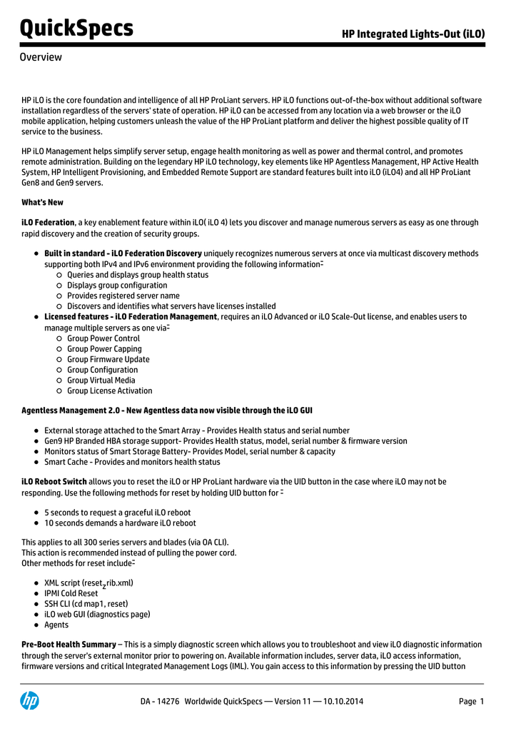 QuickSpecs HP Integrated LightsOut (iLO) Overview Manualzz