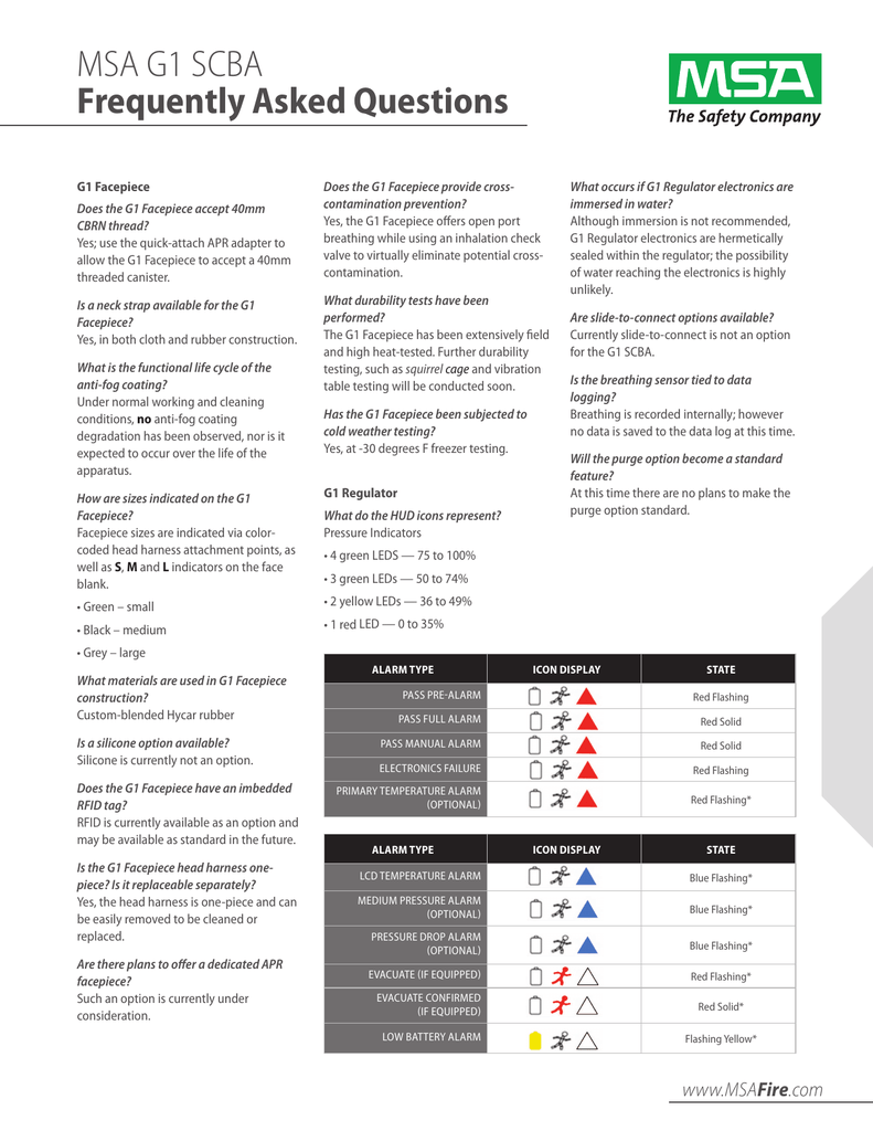 MSA G1 SCBA Frequently Asked Questions | Manualzz