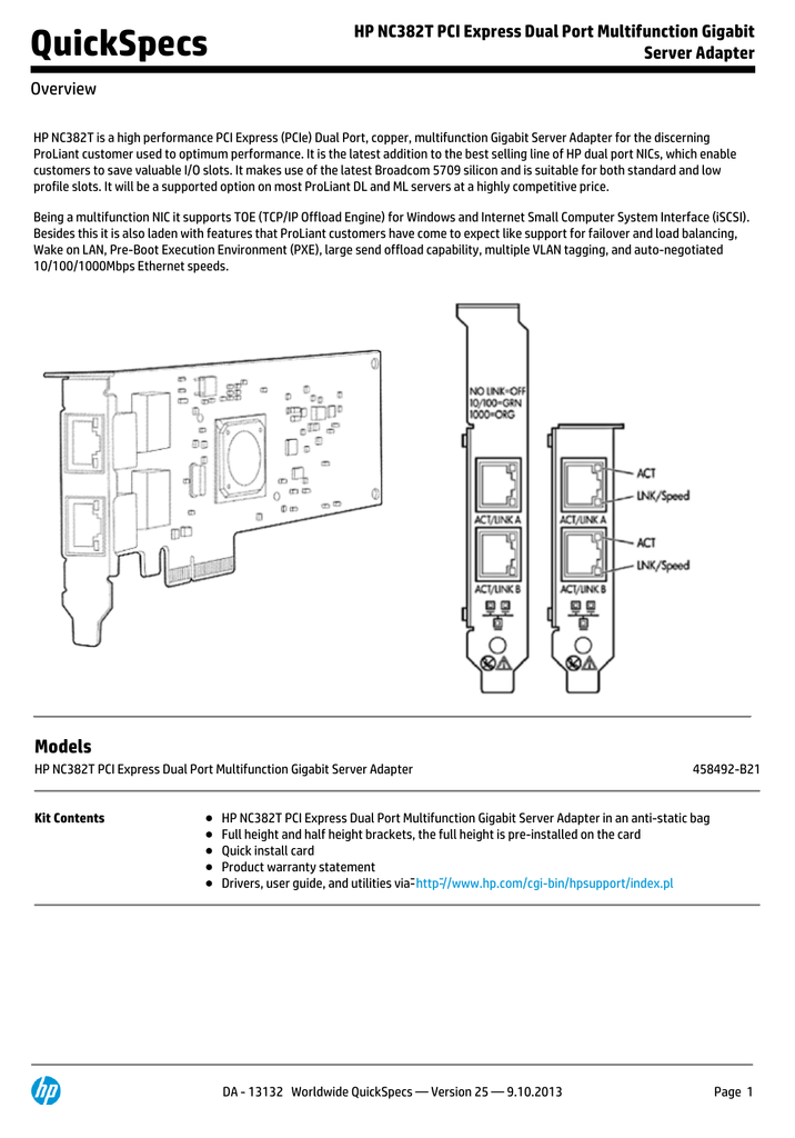 Quickspecs Hp Nc3t Pci Express Dual Port Multifunction Gigabit Server Adapter Overview Manualzz