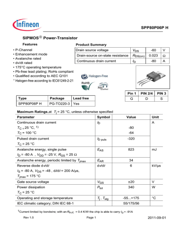 Infineon SPP80P06P H MOSFET Data Sheet | Manualzz