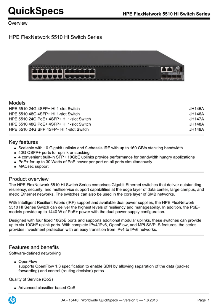 QuickSpecs HPE FlexNetwork 5510 HI Switch Series Models Overview | Manualzz