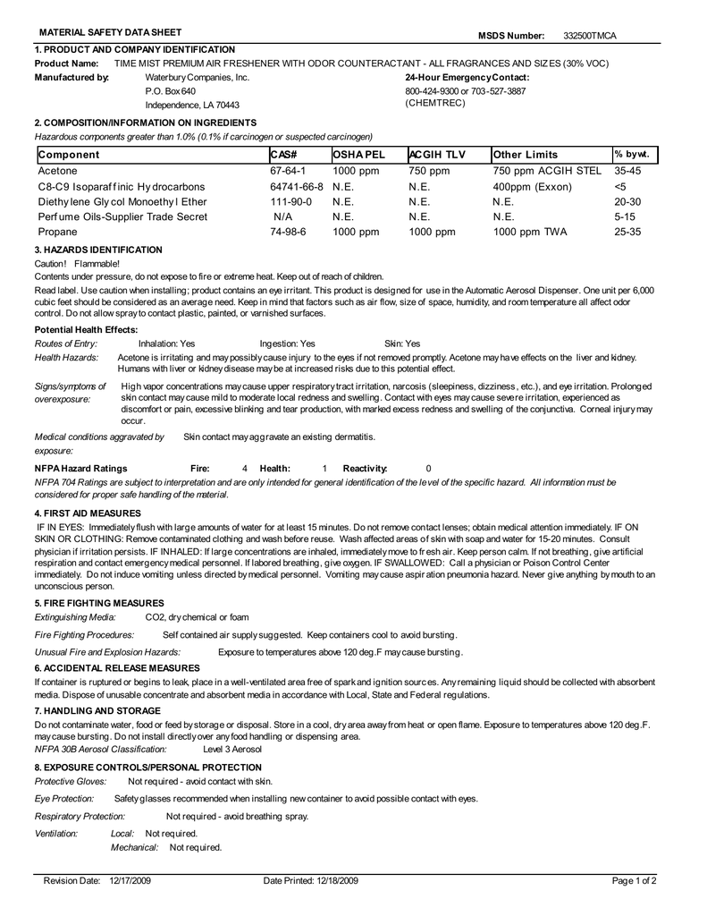 Material Safety Data Sheet Msds Number 1 Product And Company Identification 332500tmca Manualzz