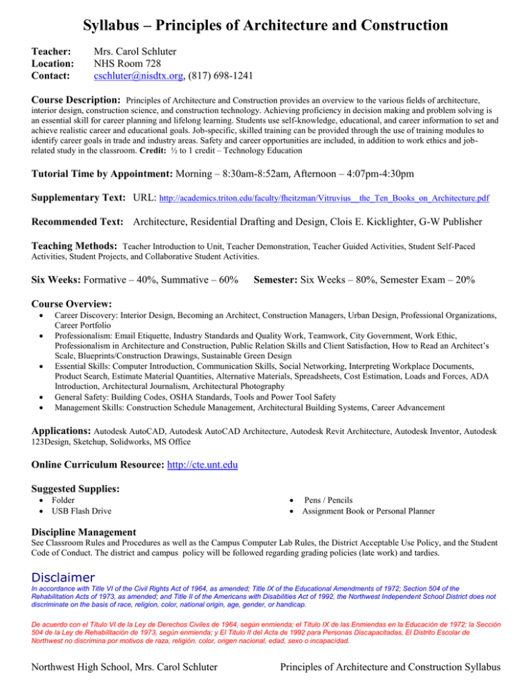 Syllabus Principles Of Architecture And Construction Mrs Carol Schluter Manualzz