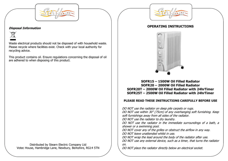 OPERATING INSTRUCTIONS SOFR15 1500W Oil Filled Radiator Manualzz